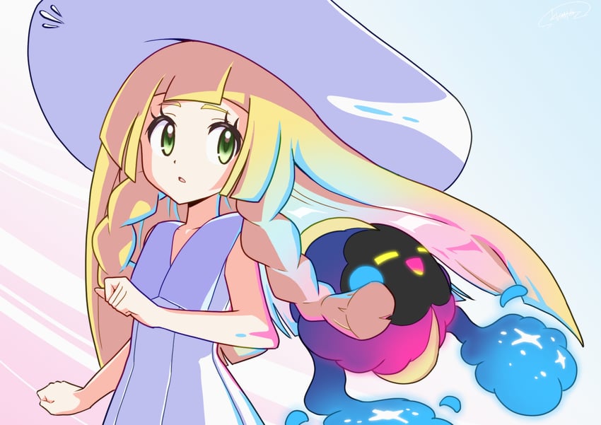 lillie and cosmog (pokemon and 1 more) drawn by kuman_bachi