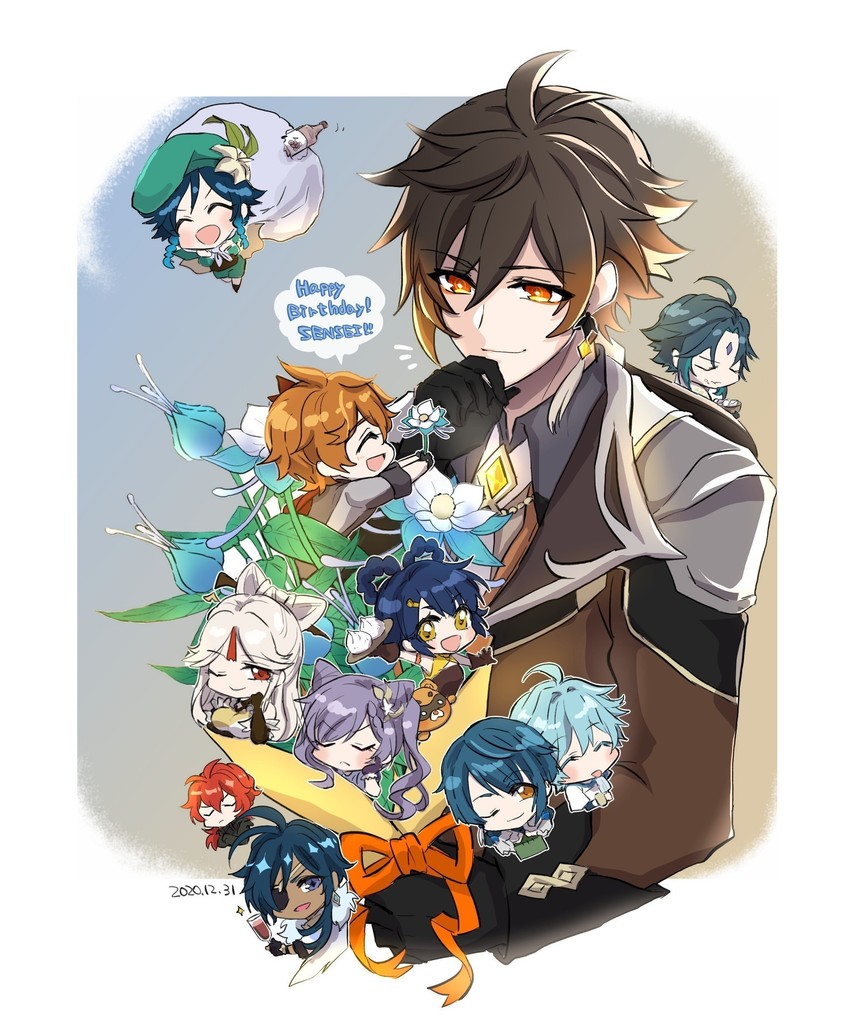 zhongli, keqing, venti, tartaglia, xiao, and 7 more (genshin impact) drawn by trsnsuki