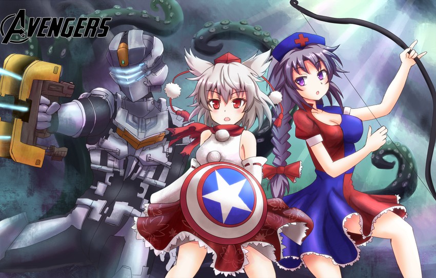 inubashiri momiji, yagokoro eirin, captain america, and isaac clarke (touhou and 4 more) drawn by sumapan