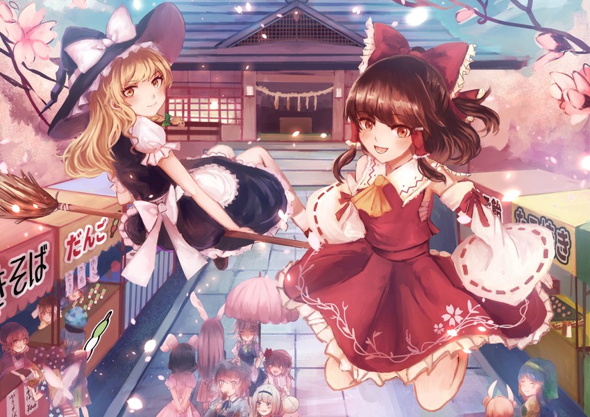 hakurei reimu, kirisame marisa, remilia scarlet, izayoi sakuya, konpaku youmu, and 11 more (touhou) drawn by sango_(coral0707)