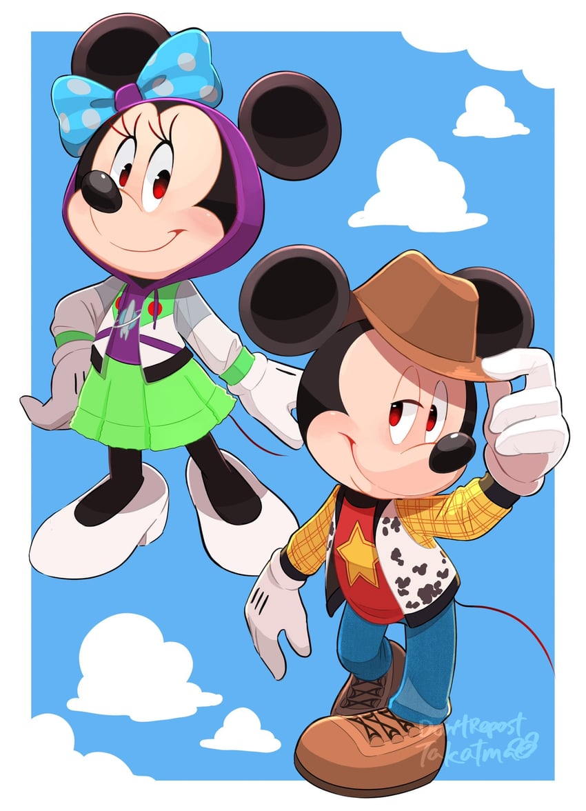 mickey mouse, minnie mouse, sheriff woody, and buzz lightyear (mickey mouse & friends and 2 more) drawn by takatmaorange