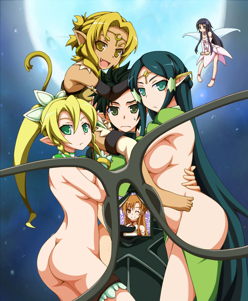 asuna, kirito, leafa, yui, sakuya, and 1 more (sword art online) drawn by gacchi_(supergatchi)