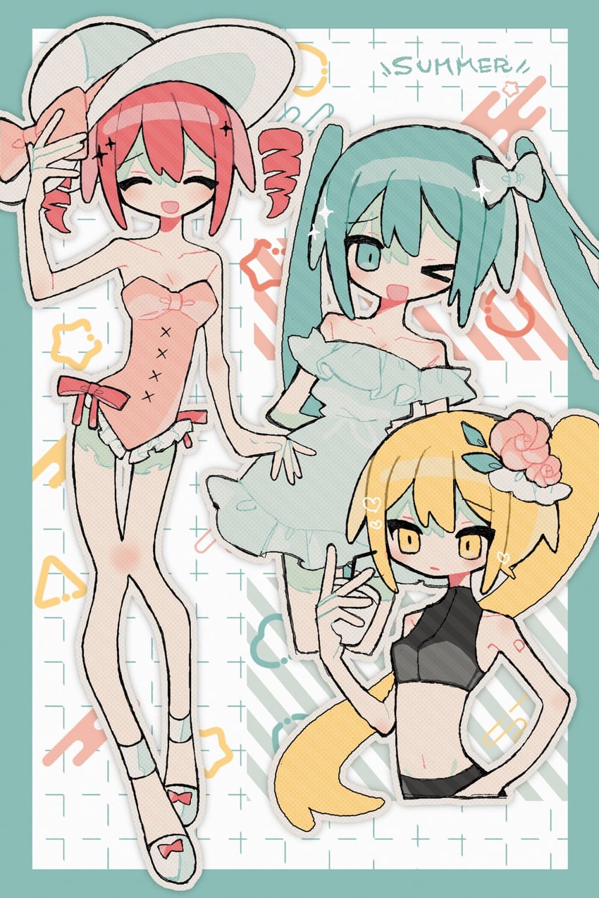 hatsune miku, kasane teto, and akita neru (vocaloid and 2 more) drawn by okashira_moppu