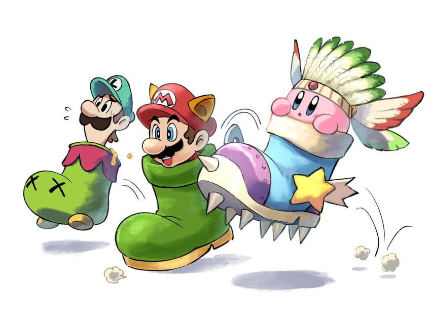 kirby, mario, luigi, raccoon mario, wing kirby, and 1 more (mario and 5 more) drawn by ya_mari_6363