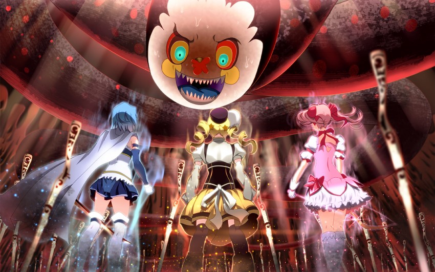 kaname madoka, miki sayaka, tomoe mami, and charlotte (mahou shoujo madoka magica) drawn by skyt2