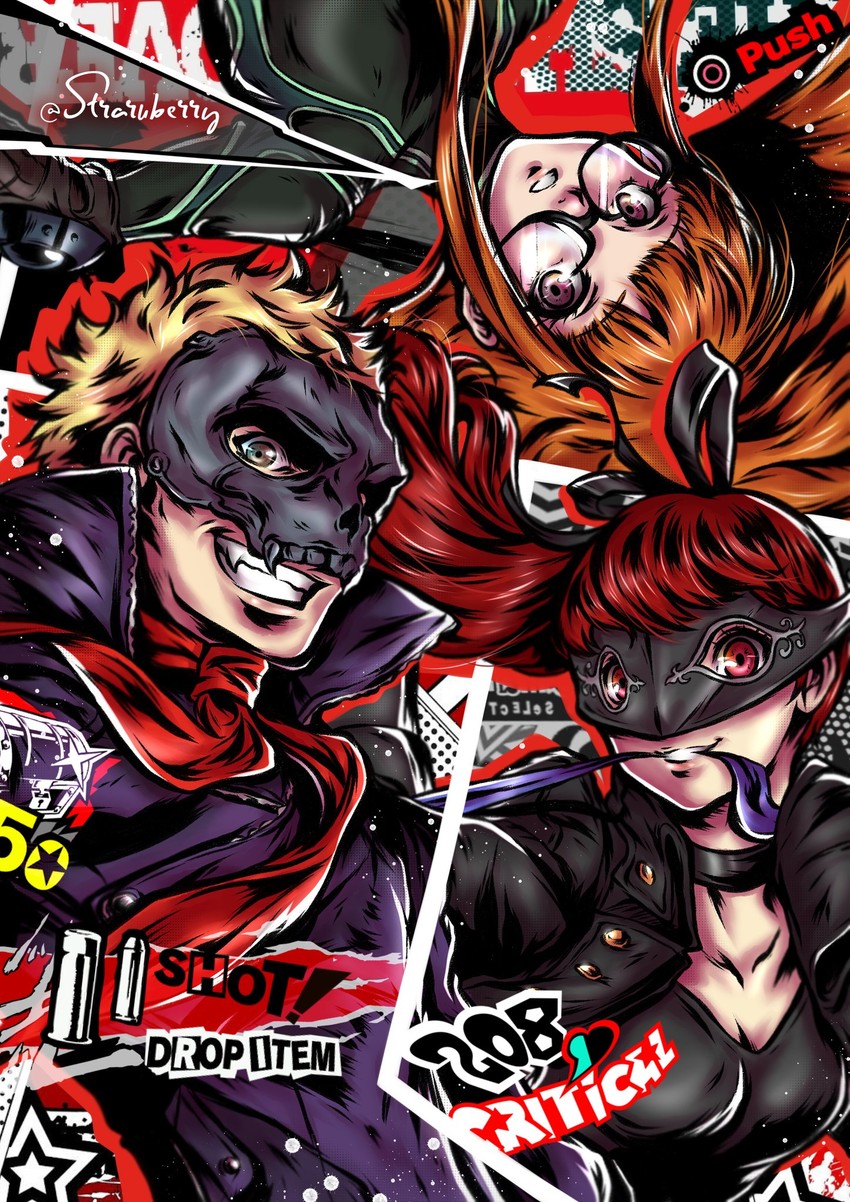 sakura futaba, yoshizawa kasumi, sakamoto ryuuji, violet, oracle, and 1 more (persona and 2 more) drawn by straruberry