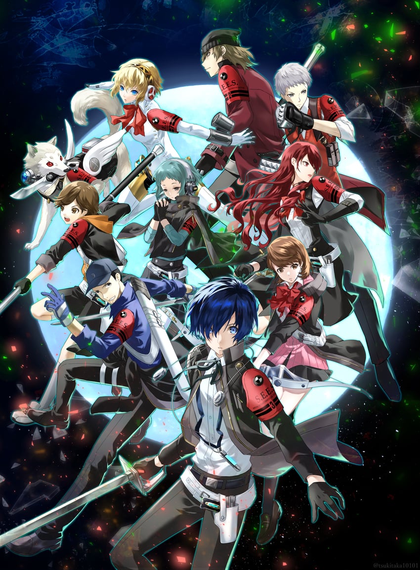 yuuki makoto, aigis, takeba yukari, kirijou mitsuru, yamagishi fuuka, and 5 more (persona and 2 more) drawn by tsukitaka