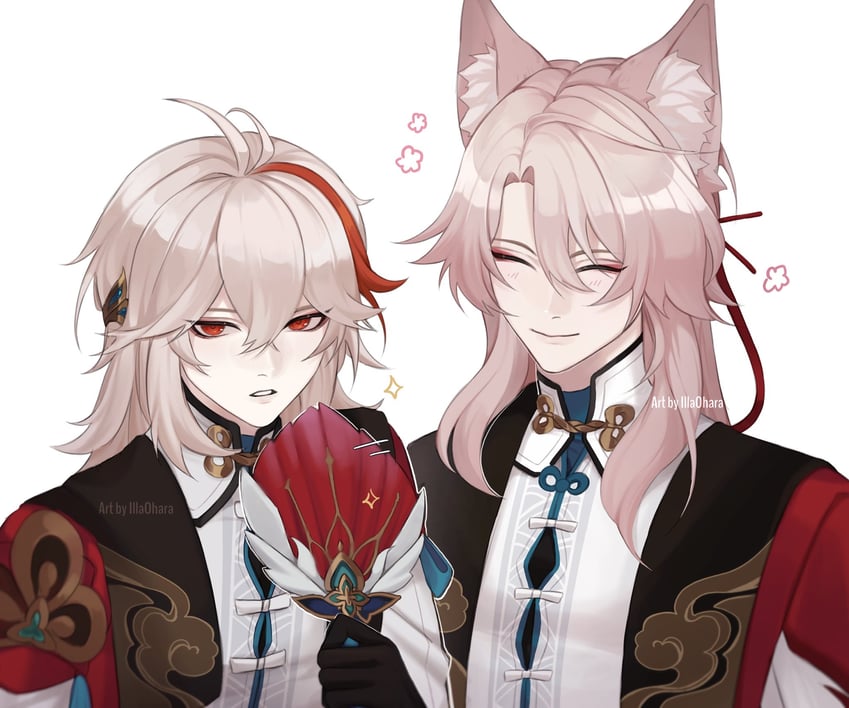 kaedehara kazuha and jiaoqiu (genshin impact and 3 more) drawn by illa_ohara