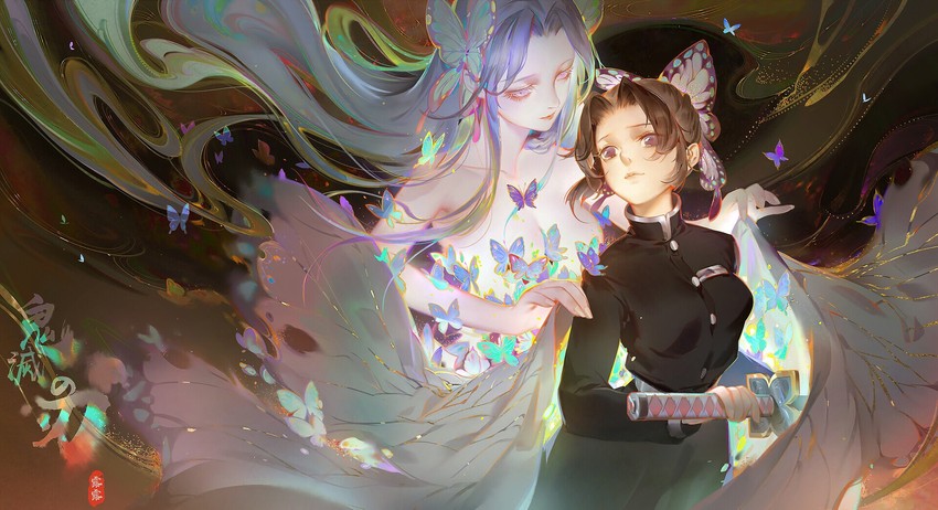 kochou shinobu and kochou kanae (kimetsu no yaiba) drawn by saintluthien