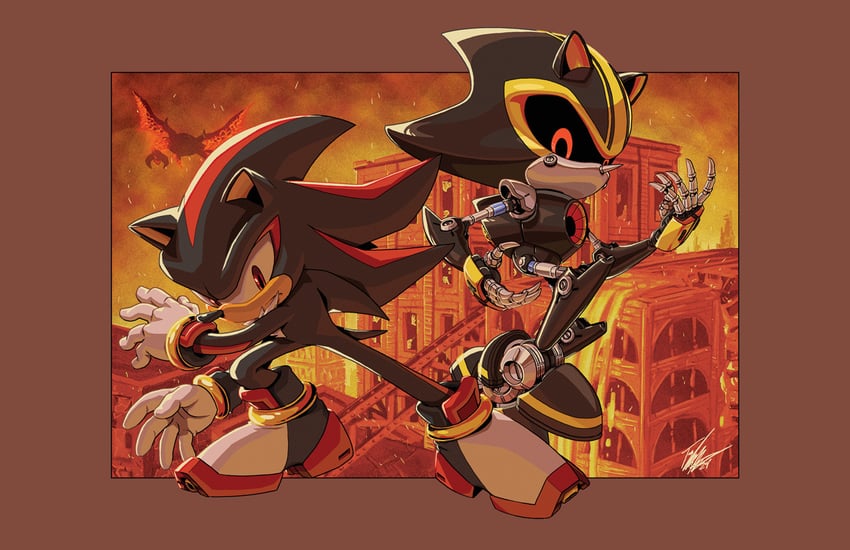 shadow the hedgehog, metal sonic 3.0, and ifrit (sonic and 2 more) drawn by tyler_mcgrath