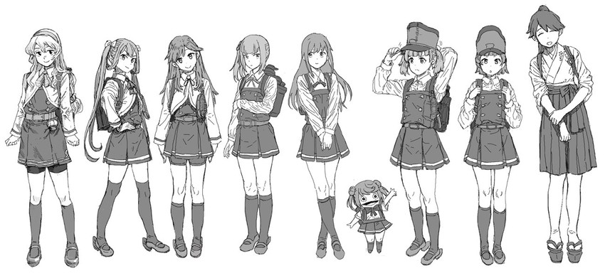 houshou, asashio, kasumi, michishio, kasumi kai ni, and 10 more (kantai collection) drawn by gufu_(guffuumu)