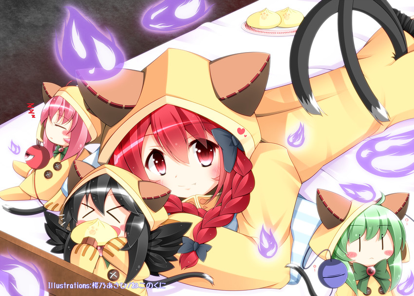 komeiji koishi, komeiji satori, kaenbyou rin, reiuji utsuho, and taokaka (touhou and 1 more) drawn by sakurano_asahi