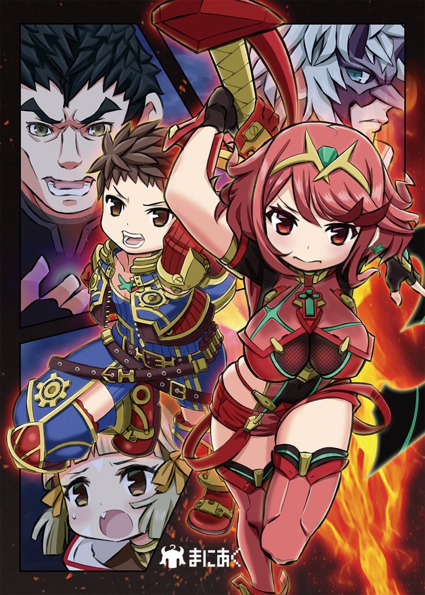pyra, nia, rex, jin, and malos (xenoblade chronicles and 1 more) drawn by ma2acworks
