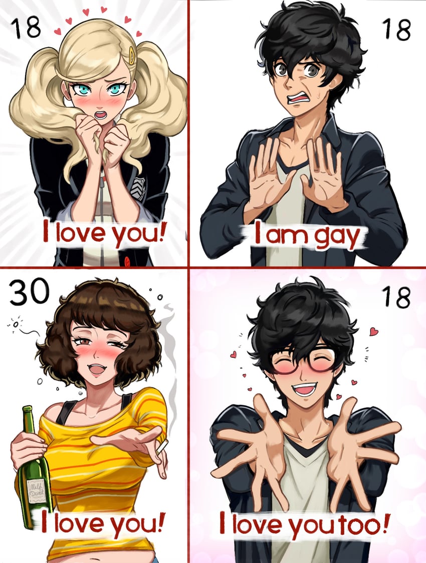 amamiya ren, takamaki anne, and kawakami sadayo (persona and 1 more) drawn by neggoartz