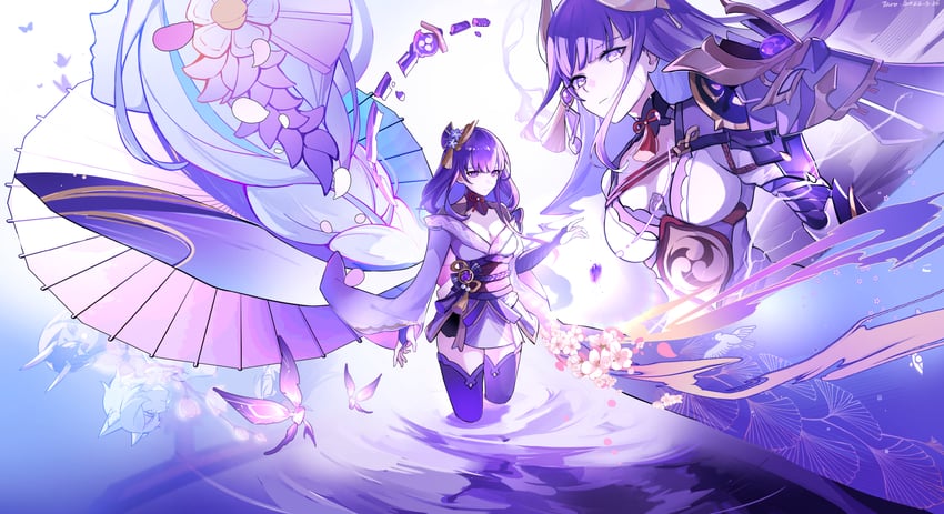 raiden shogun, crystalfly, and makoto (genshin impact) drawn by crackingtaro