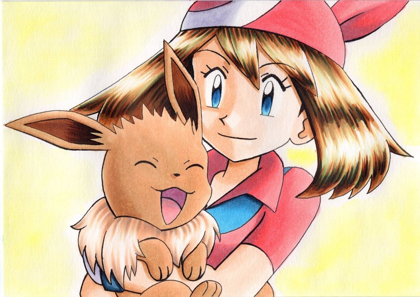 may and eevee (pokemon and 1 more) drawn by oka_mochi
