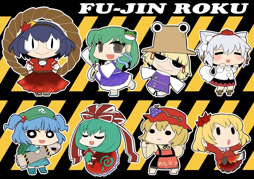 kochiya sanae, inubashiri momiji, moriya suwako, kawashiro nitori, yasaka kanako, and 4 more (touhou and 1 more) drawn by ume_(noraneko)