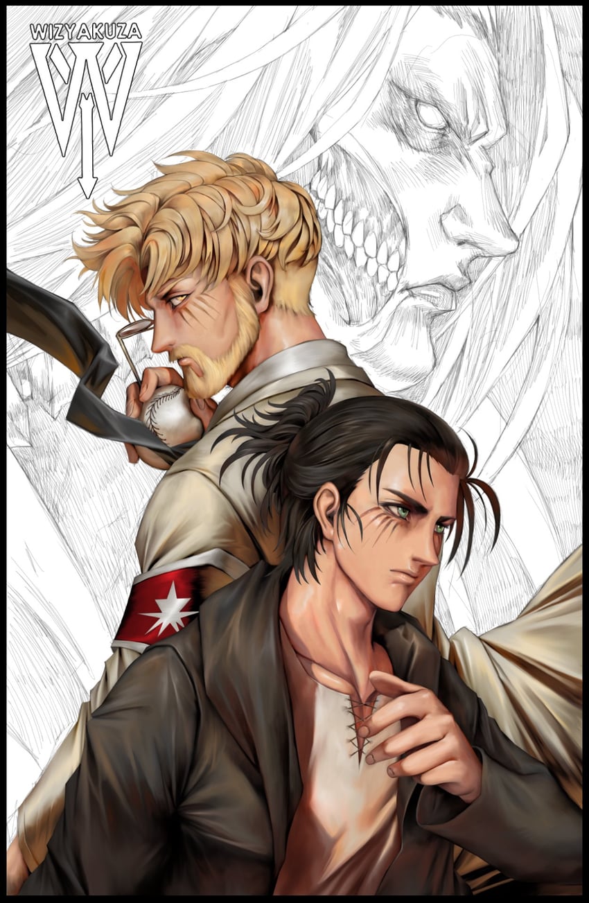 eren yeager and zeke yeager (shingeki no kyojin) drawn by wizyakuza