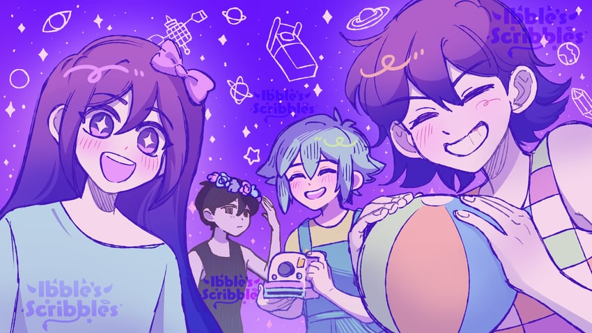 omori, basil, aubrey, and kel (omori) drawn by ibble_(ibblescribbles)