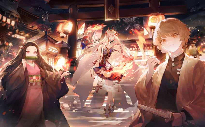 kamado nezuko, agatsuma zenitsu, shiranui, and chuntarou (kimetsu no yaiba and 1 more) drawn by mrilsweet