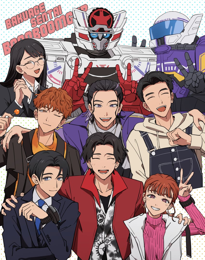 hando taiya, bureki genba, shifuto mira, homura sakito, akuse jou, and 4 more (super sentai and 1 more) drawn by azkn