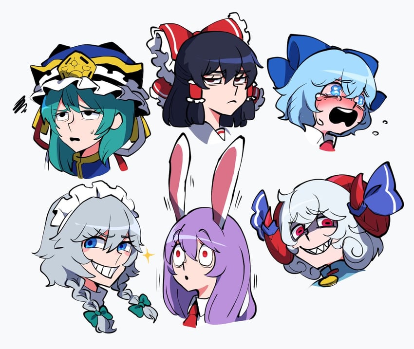 hakurei reimu, izayoi sakuya, cirno, reisen udongein inaba, shiki eiki, and 1 more (touhou) drawn by iganashi1