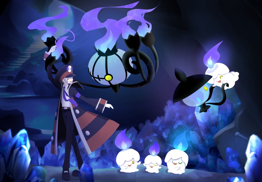 ingo, litwick, chandelure, and lampent (pokemon and 1 more) drawn by miblinimum