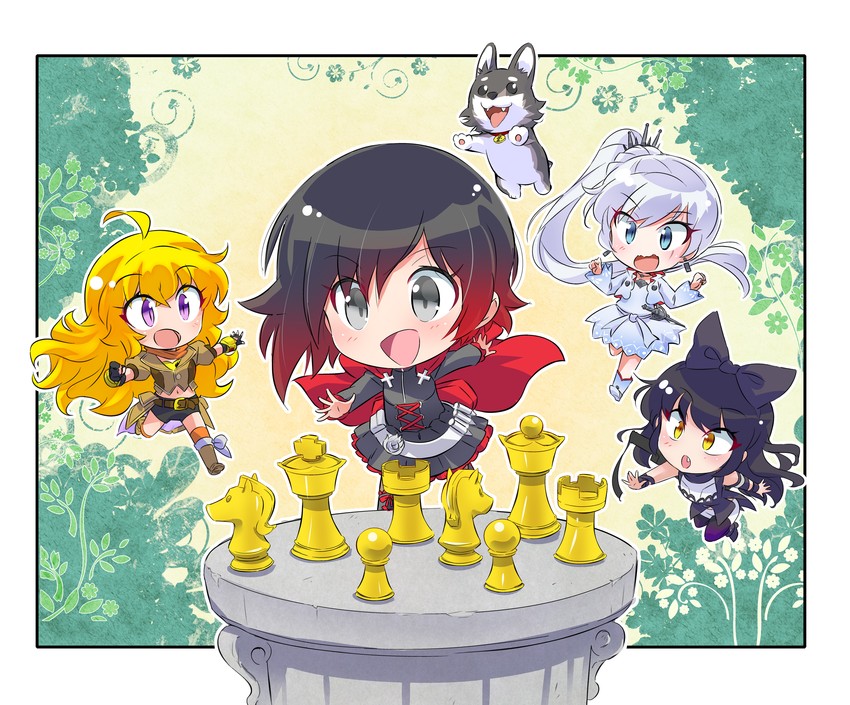 ruby rose, weiss schnee, yang xiao long, blake belladonna, and zwei (rwby) drawn by iesupa