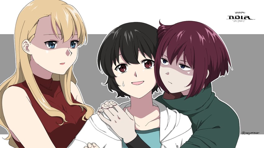 yuumura kirika, mireille bouquet, and chloe (noir) drawn by zqjustinoir