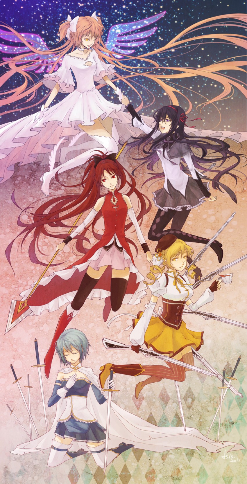 akemi homura, kaname madoka, miki sayaka, sakura kyoko, tomoe mami, and 1 more (mahou shoujo madoka magica) drawn by isis_(321)
