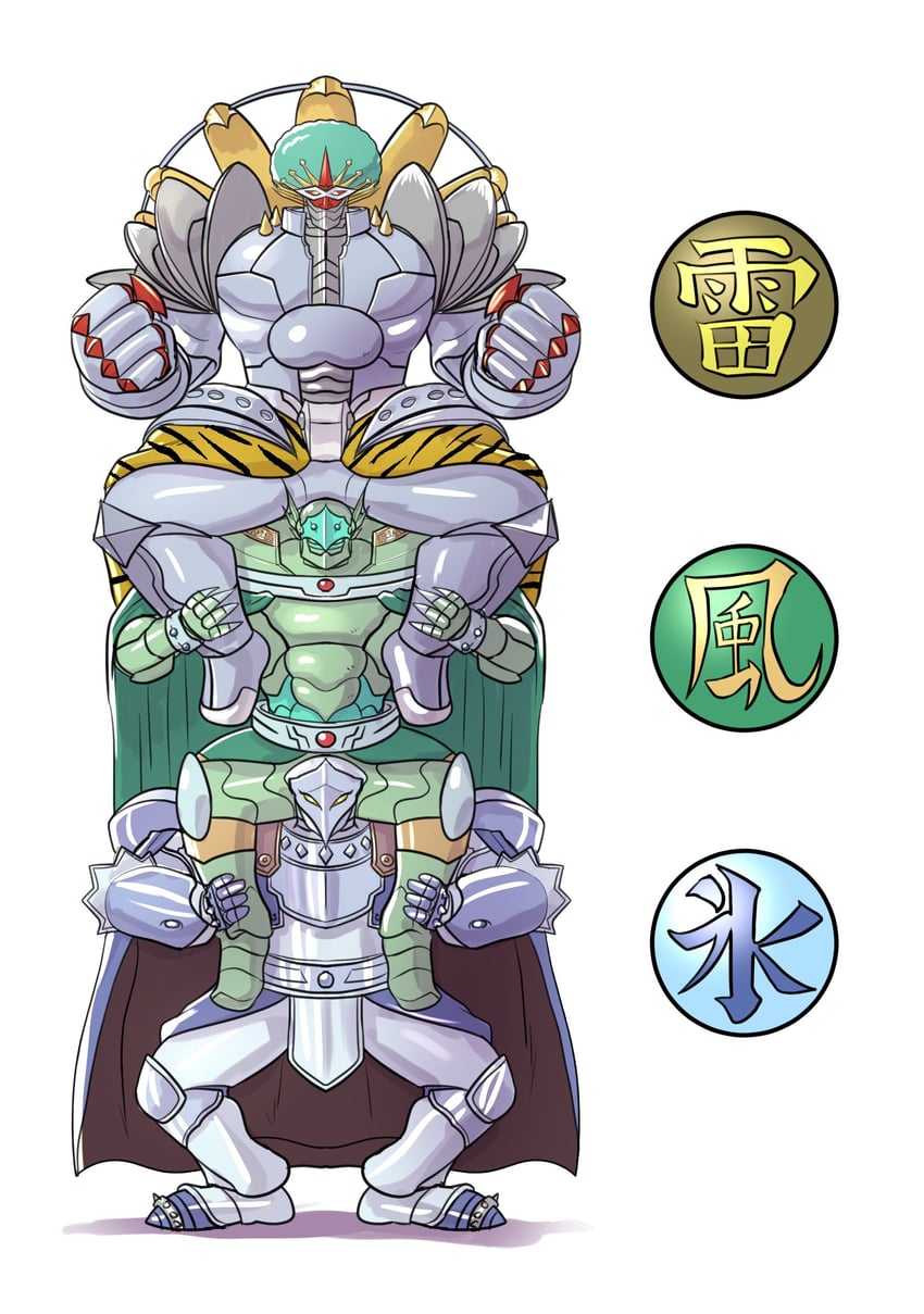 gate guardian, raiza the storm monarch, mobius the frost monarch, and zaborg the thunder monarch (yu-gi-oh!) drawn by go_madare