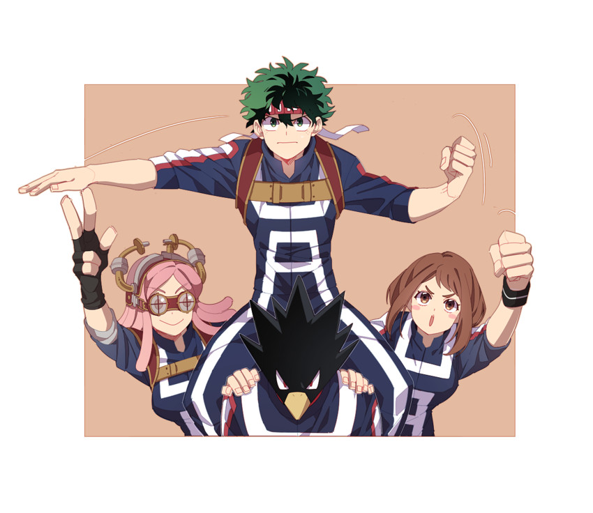 midoriya izuku, uraraka ochaco, hatsume mei, and tokoyami fumikage (boku no hero academia) drawn by her0aka