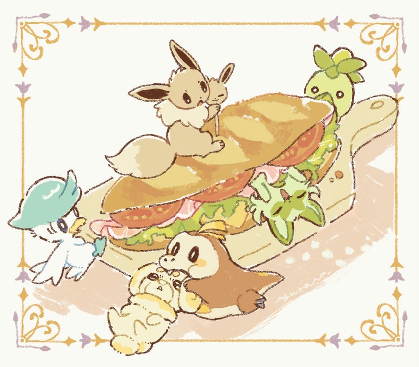 eevee, sprigatito, fuecoco, quaxly, smoliv, and 1 more (pokemon) drawn by yurano_(upao)