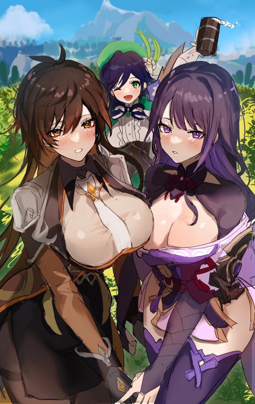 raiden shogun, zhongli, and venti (genshin impact) drawn by hominamia