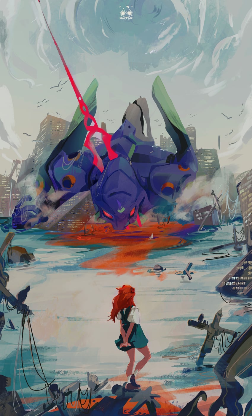 souryuu asuka langley and eva 01 (neon genesis evangelion) drawn by machi_mile00