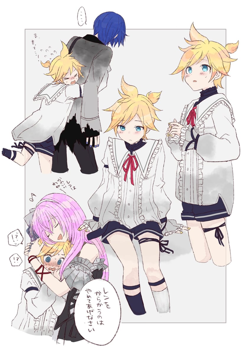 kagamine len, megurine luka, kaito, 25-ji kaito, 25-ji len, and 1 more (vocaloid and 1 more) drawn by eoki_e