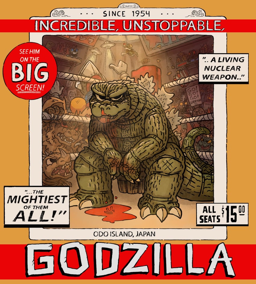 godzilla, king ghidorah, mothra, rodan, gigan, and 8 more (godzilla and 5 more) drawn by quaz