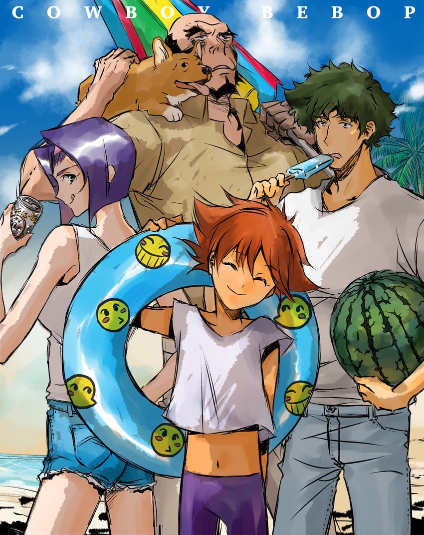 faye valentine, spike spiegel, edward wong hau pepelu tivrusky iv, ein, and jet black (cowboy bebop) drawn by tobalin