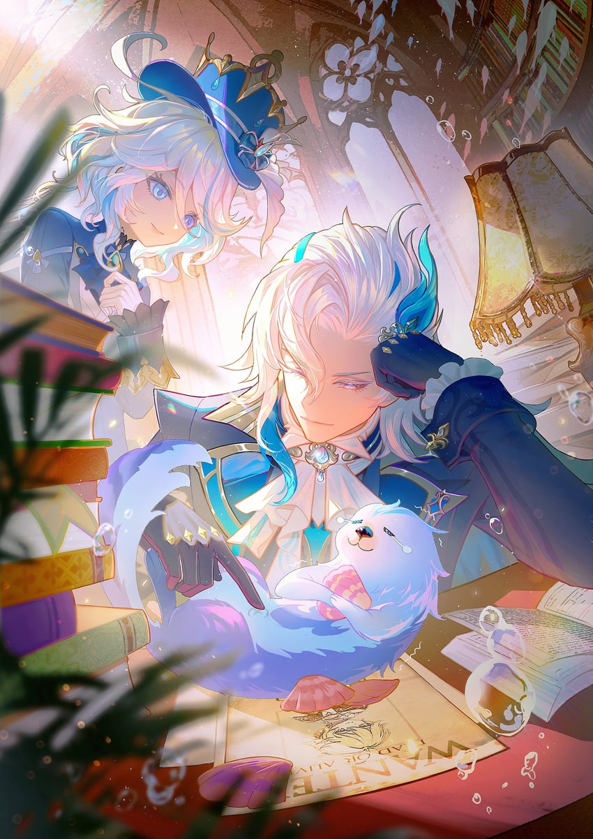 aether, furina, neuvillette, and leisurely otter (genshin impact) drawn by san_wu_mao_liang
