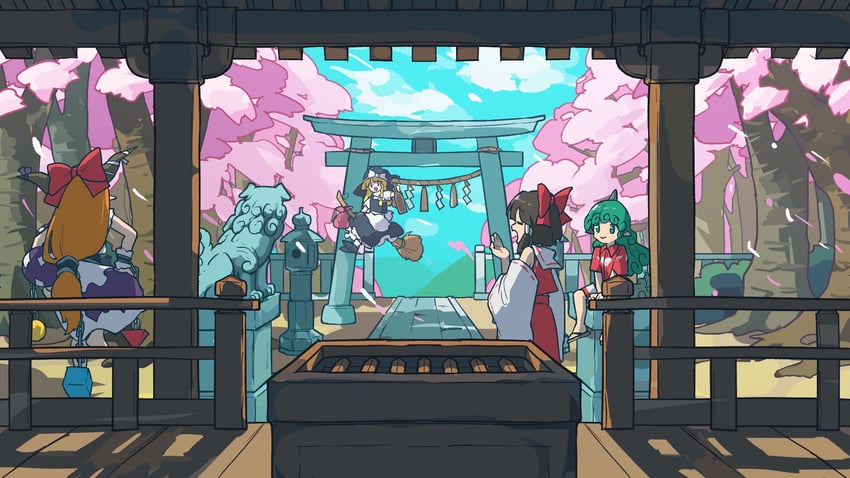 hakurei reimu, kirisame marisa, ibuki suika, and komano aunn (touhou) drawn by doggo_1d34