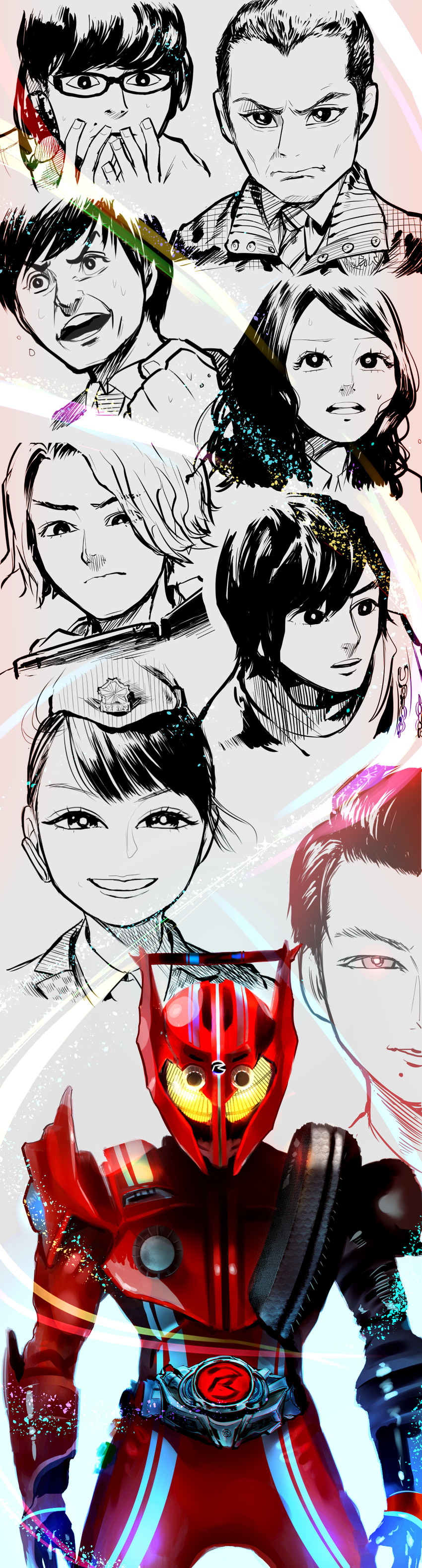 kamen rider drive, shijima kiriko, chase, tomari shinnosuke, shijima gou, and 4 more (kamen rider and 1 more) drawn by murasaki_no_ryuuki