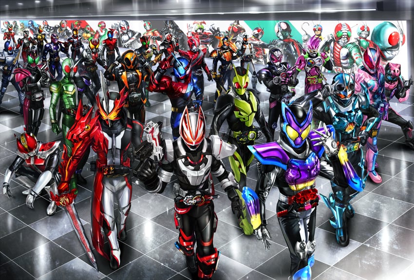 kamen rider kuuga, kamen rider decade, kamen rider double, kamen rider 1, kamen rider ooo, and 40 more (kamen rider and 40 more) drawn by masukudo_(hamamoto_hikaru)