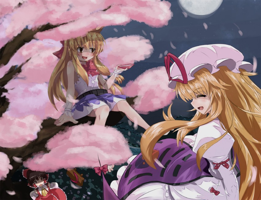 hakurei reimu, yakumo yukari, and ibuki suika (touhou) drawn by dedeyong