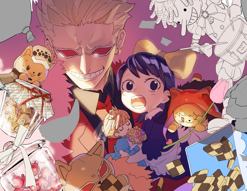 trafalgar law, donquixote doflamingo, donquixote rocinante, and baby 5 (one piece) drawn by dareka_25