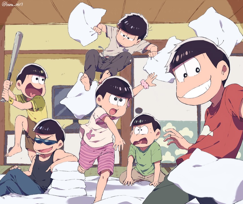 matsuno osomatsu, matsuno karamatsu, matsuno ichimatsu, matsuno jyushimatsu, matsuno choromatsu, and 1 more (osomatsu and 1 more) drawn by huni0617