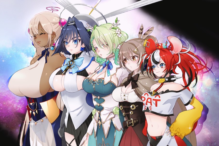 ouro kronii, nanashi mumei, hakos baelz, ceres fauna, tsukumo sana, and 1 more (hololive and 1 more) drawn by nelly_(altsarespicy)