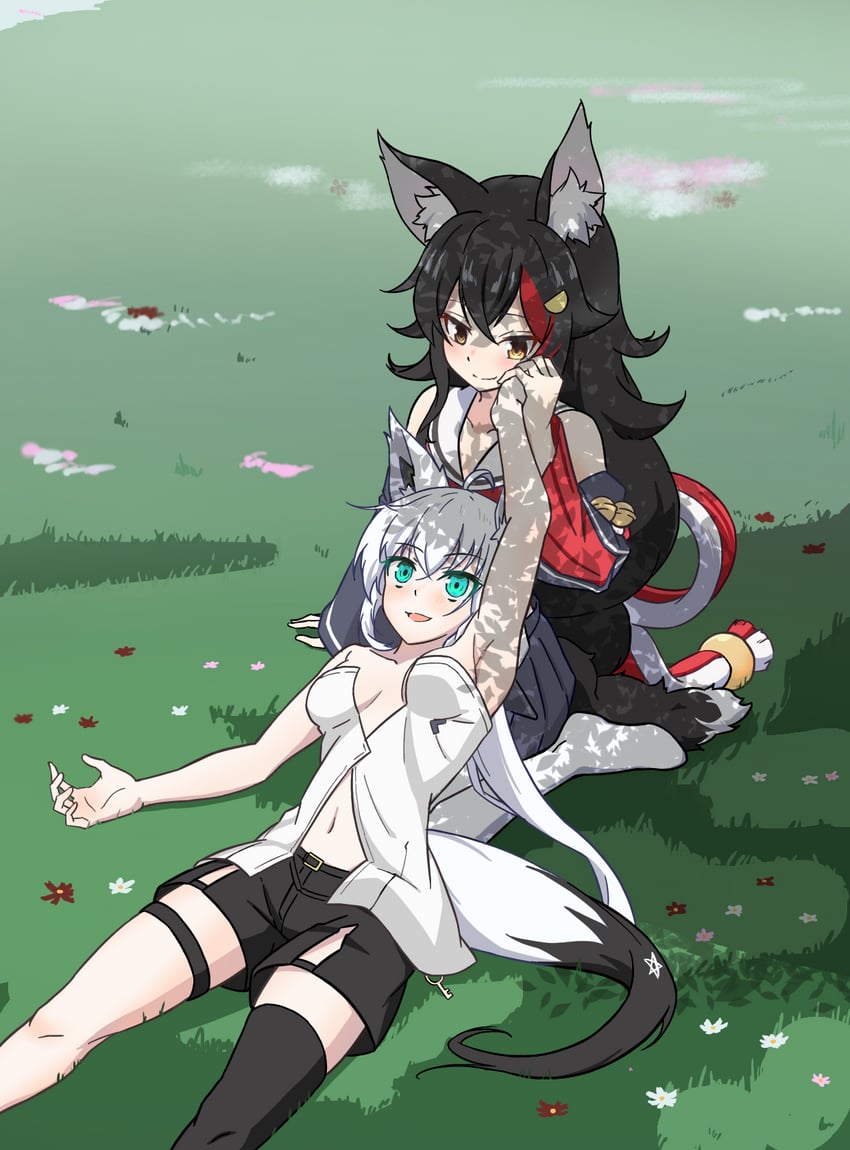 shirakami fubuki and ookami mio (hololive) drawn by kagami_yoshino