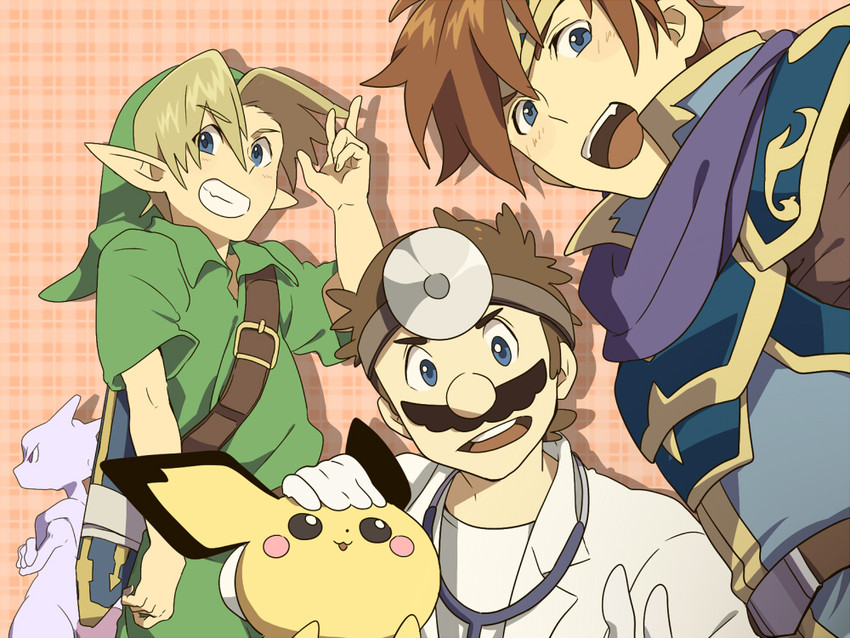link, mario, pichu, mewtwo, roy, and 1 more (pokemon and 6 more) drawn by gabu_kichi