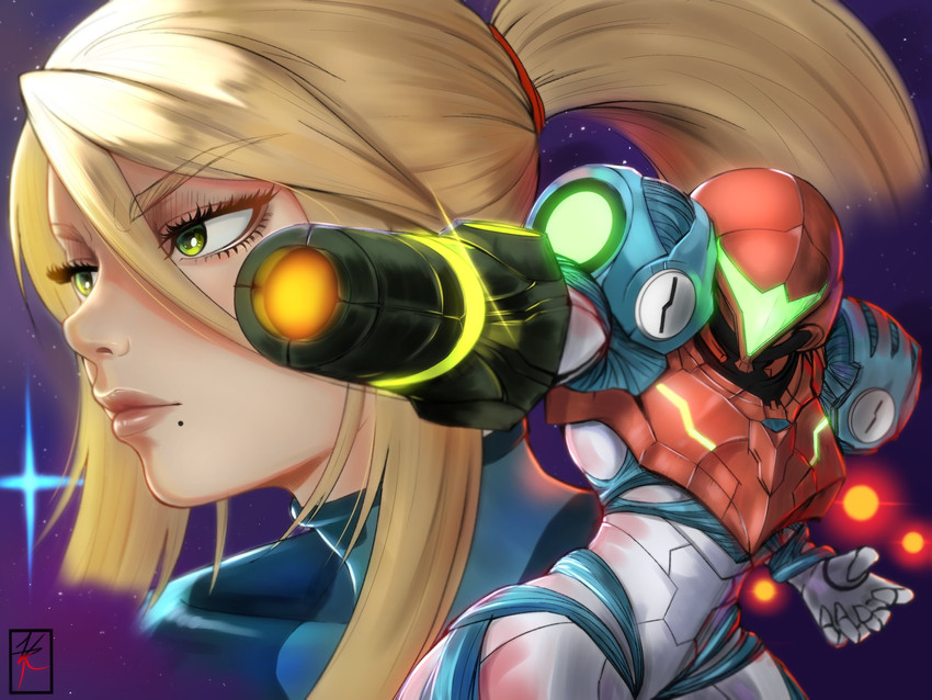 samus aran and e.m.m.i. (metroid and 1 more) drawn by velvetredart