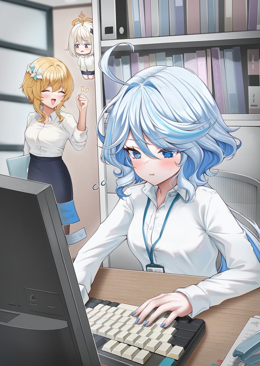 lumine, furina, and paimon (genshin impact) drawn by wol_(wol_927)